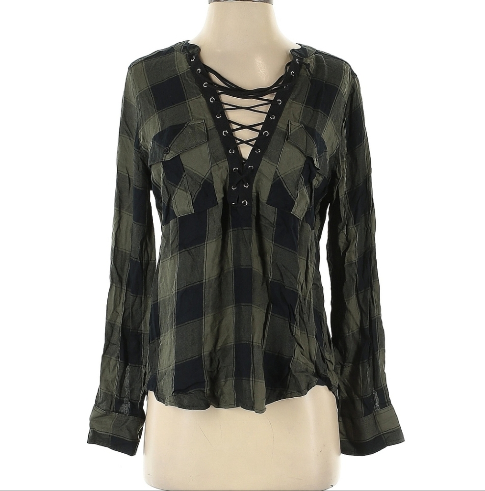 Express Black & Green Plaid Lace up front Shirt